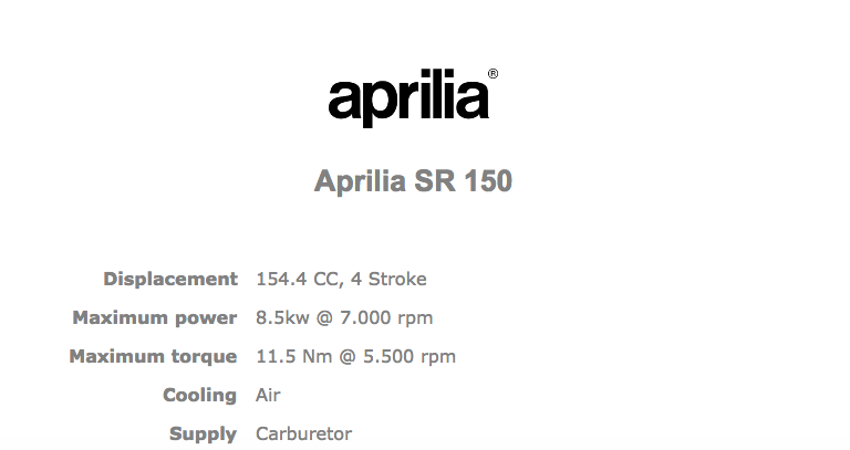 Aprilia SR 150 Official specifications