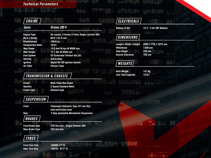 Hero Xtreme 200R Brochure Specifications Details