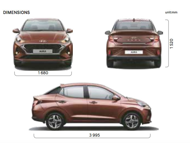 Hyundai AURA Dimensions - Length, Height, width, Wheelbase 