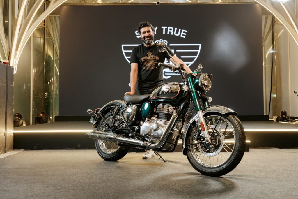 Siddhartha Lal with Royal Enfield’s 1 million sales milestone motorcycle"