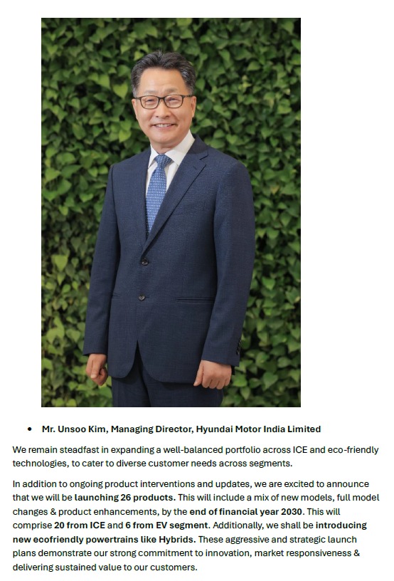 Hyundai’s 26-product launch plan reflects a strategic balance between ICE, hybrid, and EV segments.