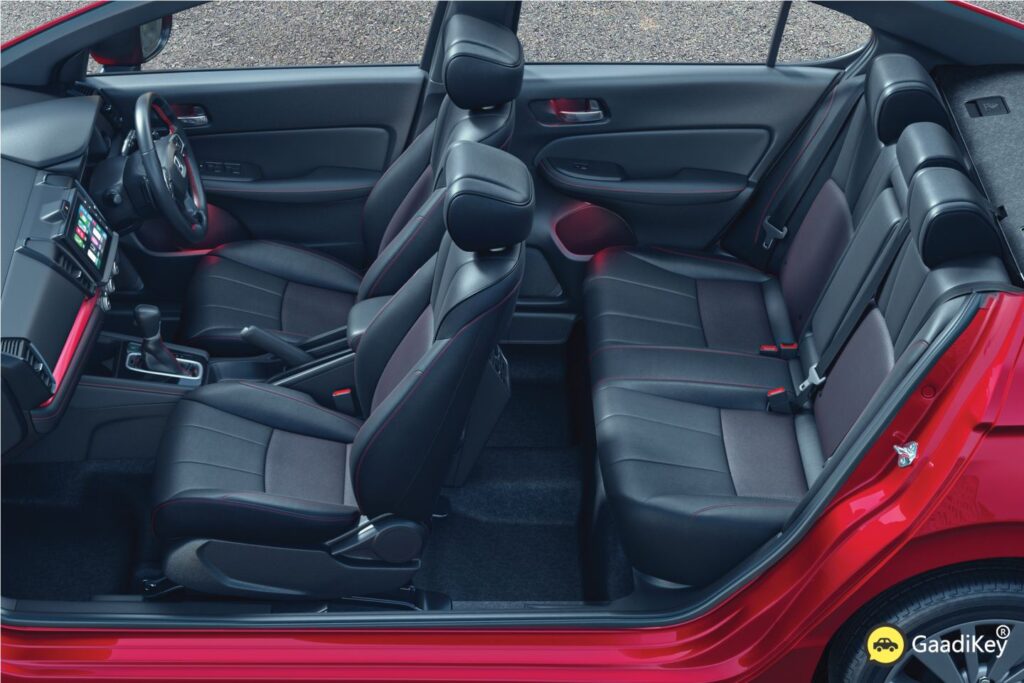 2025 Honda City Sport cabin view with black leather seats and red contrast stitching