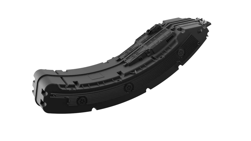Exterior view of the curved Ola Electric 4680 Bharat Cell battery pack, designed for compact integration into electric scooters.