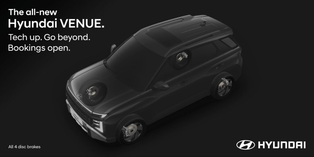 Illustration showing the all-new Hyundai Venue with highlighted disc brakes on all four wheels, emphasizing its advanced braking system