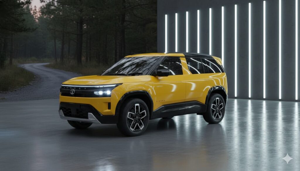All-new Tata Sierra SUV concept in yellow, highlighting its futuristic front design, connected DRLs, and headlamp setup in a studio setting